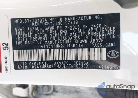 2018 Toyota Camry Se z USA, uszkodzony, nr VIN 4T1B11HK2JU136119